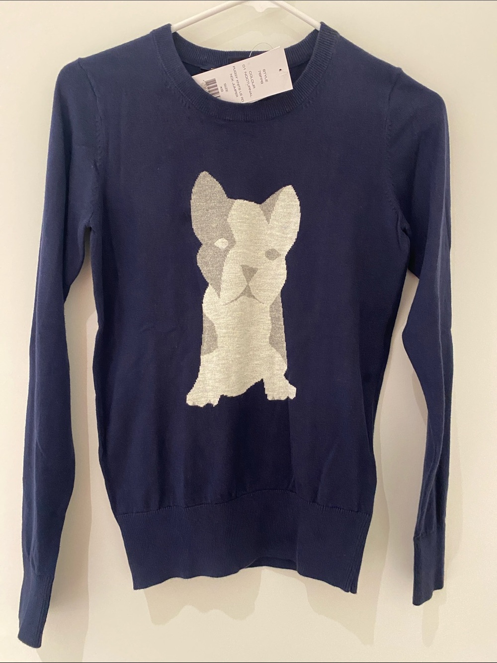 NWT French Connection Cotton Blend Navy Blue “Puggy Dog” Crewneck Sweater XS